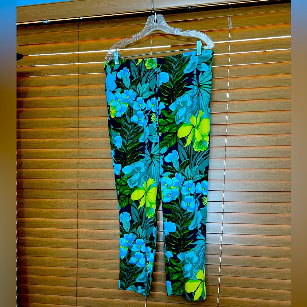 Talbots Pants Womens L Large Petite Floral Pull On Elastic Comfort Travel Cruise